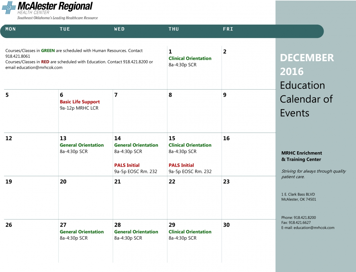 Education Calendar McAlester Regional Health Center McAlester